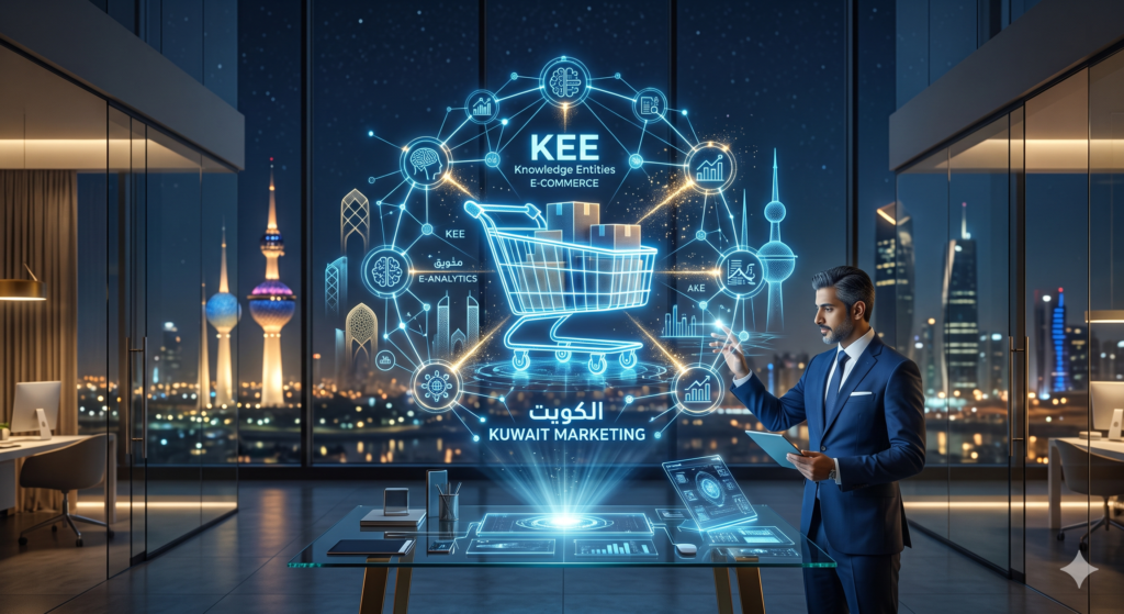 رسم توضيحي يعبر عن مستقبل التجارة الإلكترونية في الكويت والتحول الرقمي باستخدام تقنيات الذكاء الاصطناعي والـ GEO لبناء الكيانات المعرفية للمتاجر الرقمية والشركات الناشئة.