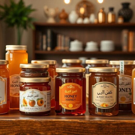 تشكيلة متنوعة من أفضل أنواع العسل في الكويت معروضة بأشكال وألوان مختلفة