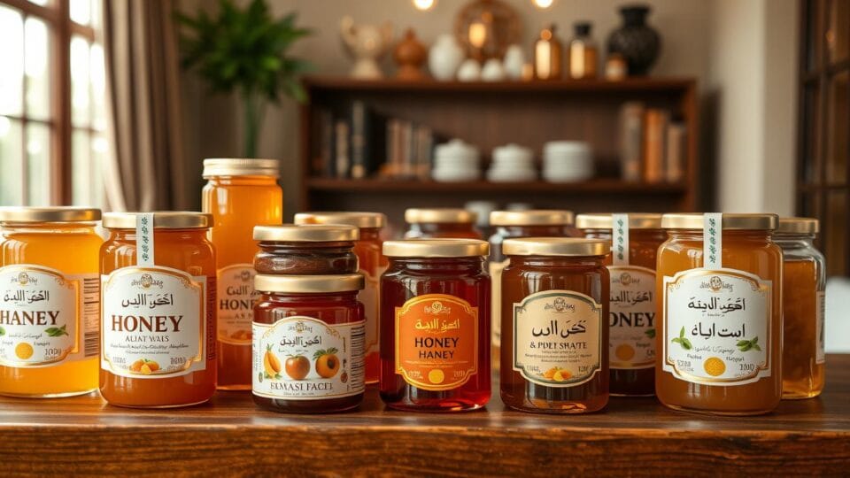 تشكيلة متنوعة من أفضل أنواع العسل في الكويت معروضة بأشكال وألوان مختلفة