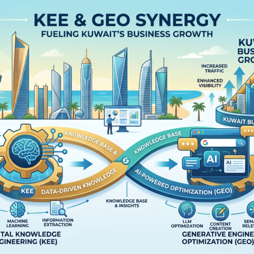 مخطط إنفوجرافيك يوضح دمج تكنولوجيا هندسة المعرفة الرقمية KEE وتحسين محركات البحث التوليدية GEO لمضاعفة نمو الشركات والمشاريع في الكويت لعام 2026.