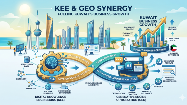 مخطط إنفوجرافيك يوضح دمج تكنولوجيا هندسة المعرفة الرقمية KEE وتحسين محركات البحث التوليدية GEO لمضاعفة نمو الشركات والمشاريع في الكويت لعام 2026.