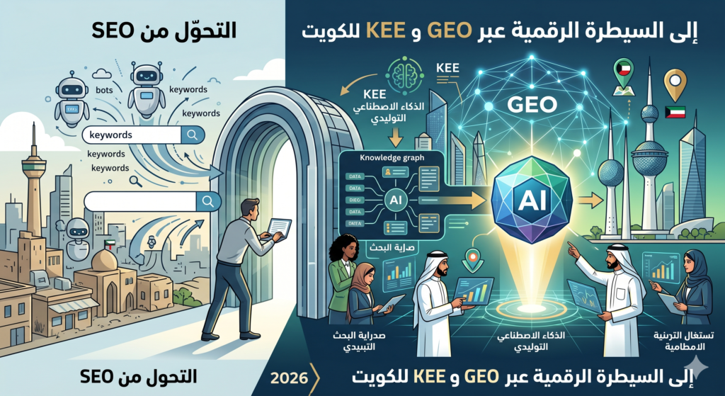 رسم توضيحي يُظهر تحول شركة تسويق كويتية من استراتيجيات الـ SEO التقليدية في عام 2024 إلى السيطرة الرقمية الشاملة على نتائج بحث الذكاء الاصطناعي التوليدي عبر تقنيات الـ GEO وهندسة المعرفة (KEE) في عام 2026، مع رموز للبيانات المهيكلة وأفق مدينة الكويت.