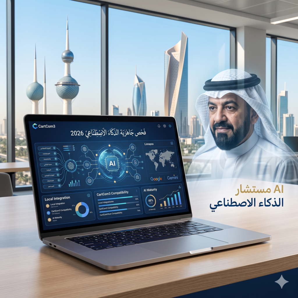 مستشار ذكاء اصطناعي تفاعلي لفحص جاهزية محركات البحث التوليدية GEO لمنصة كارت كوم 3 في الكويت لعام 2026.