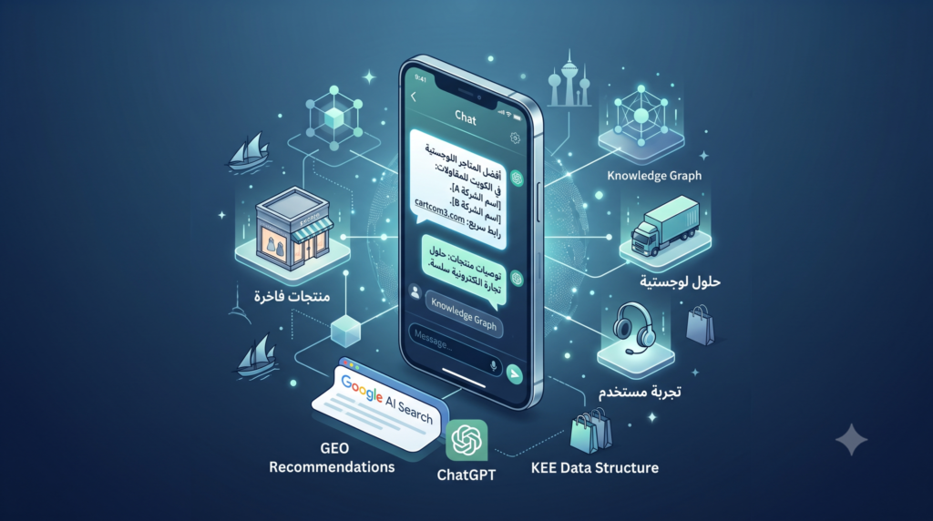 رسم توضيحي ثلاثي الأبعاد لشاشة هاتف ذكي يعرض توصيات الذكاء الاصطناعي للمتاجر والمواقع الإلكترونية المربوطة بشبكة الكيانات المعرفية KEE والـ GEO في الكويت والخليج.