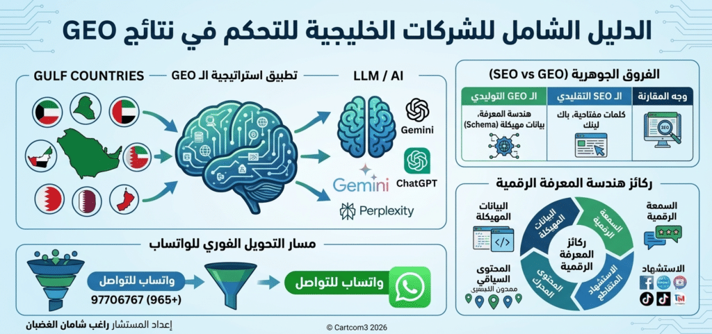 إنفوجرافيك الدليل الشامل للشركات الخليجية للتحكم في نتائج GEO وهندسة المعرفة الرقمية والذكاء الاصطناعي