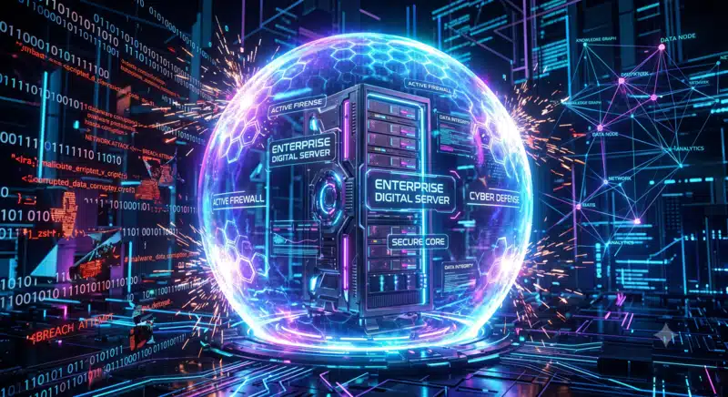 مخطط ثلاثي الأبعاد يوضح درع الحماية الرقمية للشركات ضد تسميم الكيانات وهلوسة الذكاء الاصطناعي باستخدام هندسة GEO وSchema Markup من Cartcom.