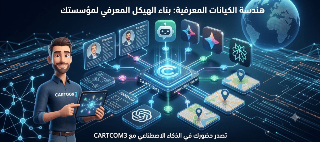 رسم توضيحي ثلاثي الأبعاد لشجرة الكيانات المعرفية Knowledge Graph Construction وتوصيل بيانات المؤسسة بخوارزميات الذكاء الاصطناعي GEO