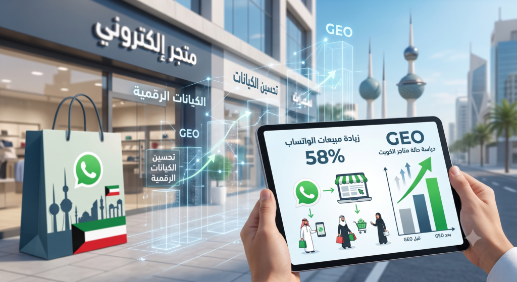 صورة تمثيلية لعناصر دراسة حالة متاجر الكويت: جهاز لوحي يظهر زيادة مبيعات الواتساب بنسبة 58% عبر استراتيجية GEO، مع خلفية لأبراج الكويت وشارع تجاري رقمي.