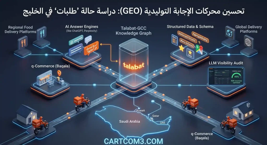 مخطط توضيحي لظهور تطبيق طلبات في محركات البحث التوليدي GEO والذكاء الاصطناعي CARTCOM3