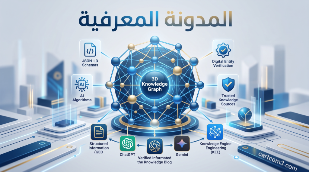 إنفوجرافيك تعريفي للمدونة المعرفية يوضح هيكلة البيانات المنظمة وتكامل شبكة الكيانات الرقمية 3D Knowledge Graph مع محركات البحث التوليدية لموقع cartcom3.com