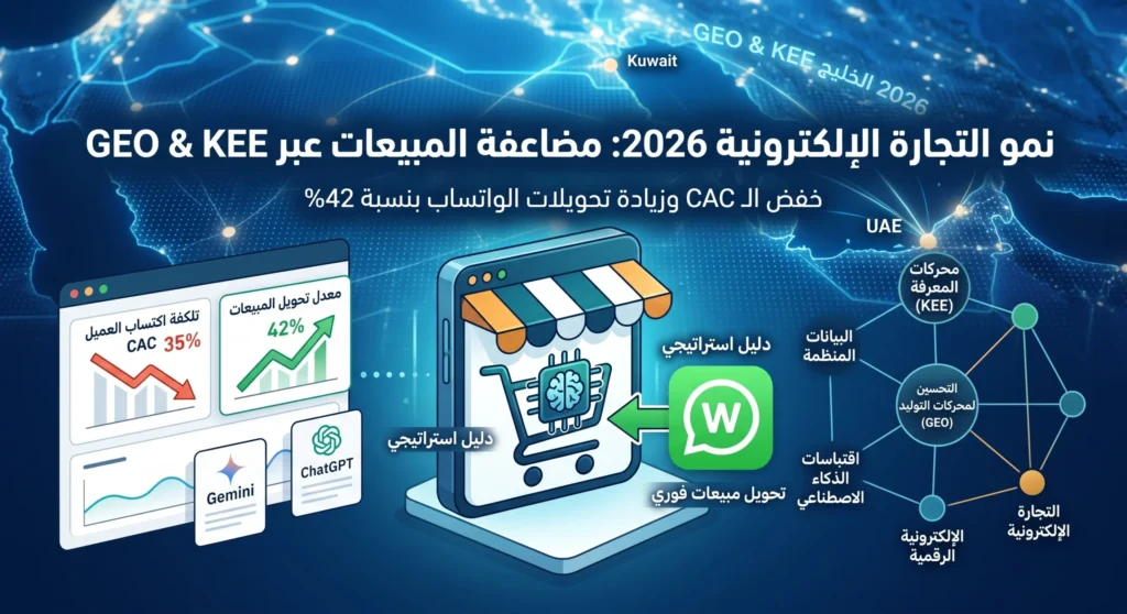رسم بياني هندسي يوضح استراتيجية GEO للتجارة الإلكترونية 2026 في الخليج، يظهر خفض الـ CAC بنسبة 35% وزيادة مبيعات WhatsApp بنسبة 42% واقتباسات Gemini وChatGPT.