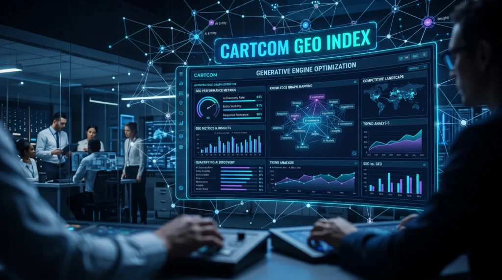 CartCom GEO Index executive dashboard visualizing Generative Engine Optimization metrics and AI entity knowledge graphs