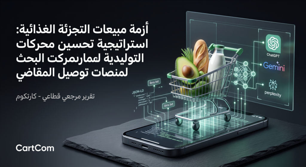 تمثيل رقمي لربط سلات التسوق الحي في قطاع التجزئة الغذائية بترميز JSON-LD وملف llms.txt لتعزيز الظهور في إجابات ChatGPT وPerplexity عبر بروتوكول GEO لكارتكوم